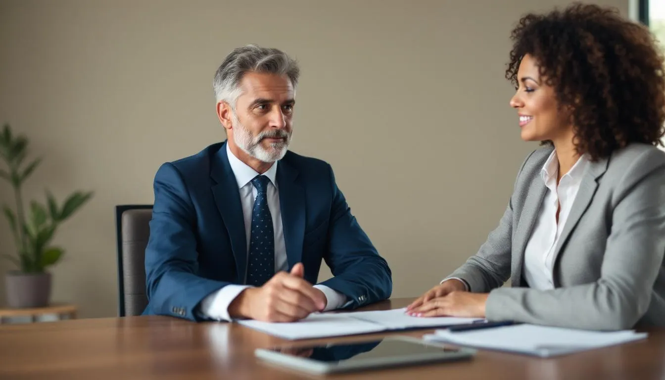 A person is sitting across from a financial counselor in an office, discussing strategies for managing credit card debt and understanding credit scores. The counselor is providing guidance on credit card payments, including the implications of missed payments and the importance of maintaining a strong payment history.